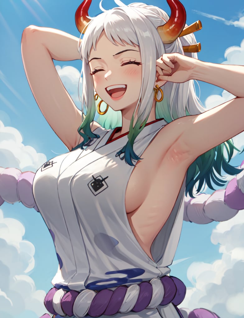 Yamato  <lora:Yamato_One_Piece:1> rope, :d, shimenawa, white hair, earrings, japanese clothes, 1girl, smile, open mouth, armpits, sleeveless, multicolored hair, closed eyes, bare shoulders, upper body, solo, horns, arms up, sideboob, green hair, sleeveless kimono, long hair, jewelry, large breasts