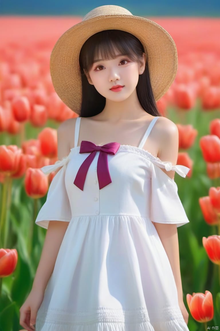 风格;masterpiece,bestquality,8k,4k,
人物;1girl,loli,solo,black hair,longhair,bangs,blush,purpleeyes,
视角;full_body,
动作;standing,armup,
服饰;hat,dress,white dress,ribbon,pink flower,straw hat,hair ribbon,yellow flower,red ribbon,bare shoulders,bow,twintails,petals,off shoulder,flower field,hair between eyes,hat bow,floating hair,plaid,off-shoulder dress,frills,lowtwintails,breasts,
场景;outdoors,flower,tulip,day,sky,wind,blue sky,field,tree,cloud,, g010