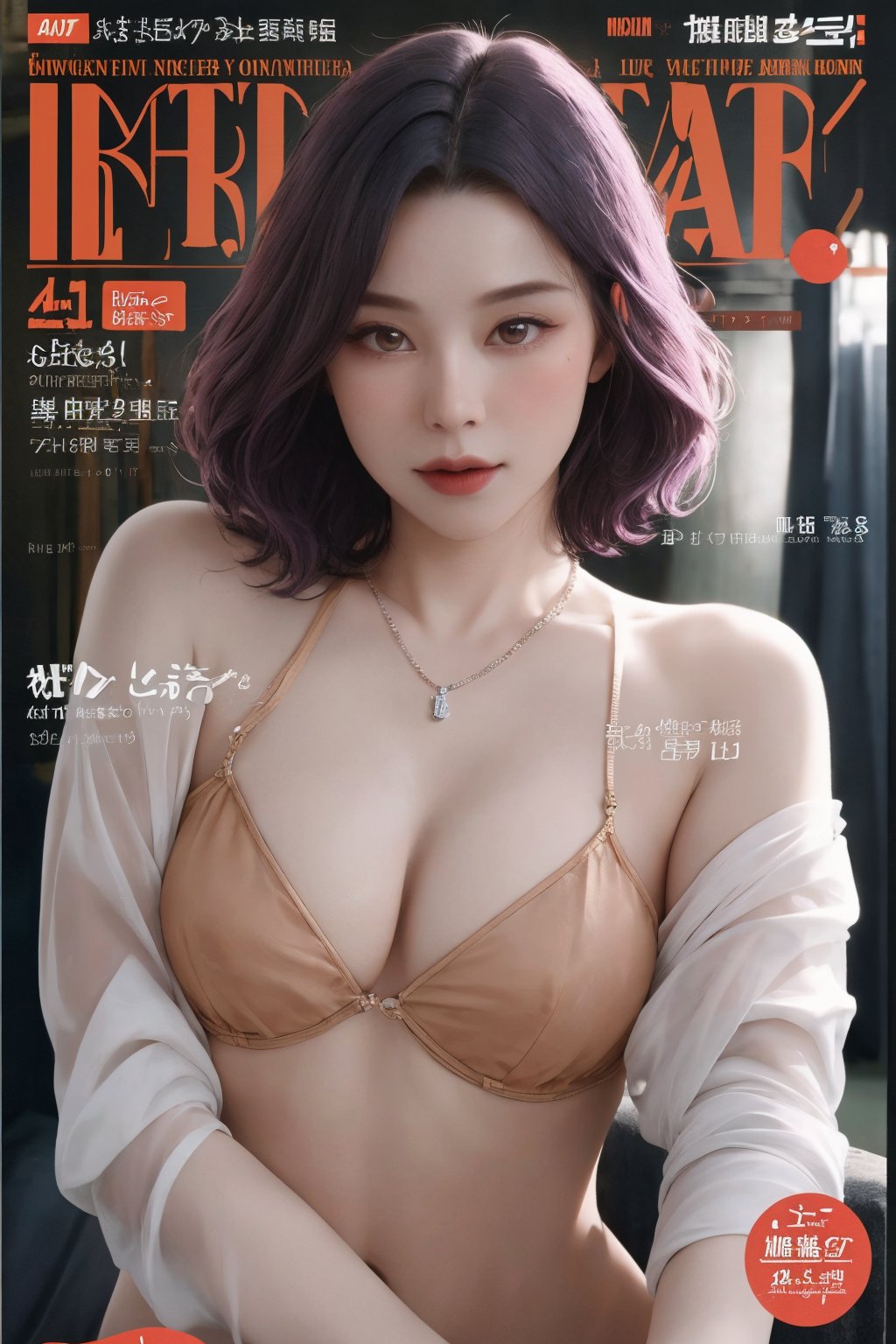 ((different color hair,)) short medium hair, bracelets, necklace, 1girl, looking at viewer, styled clothes, ultra detailed, best quality, sharp focus, natural lighting, (( magazine cover,)) haohaoulz, magazine cover, less text on cover,haohaoulz