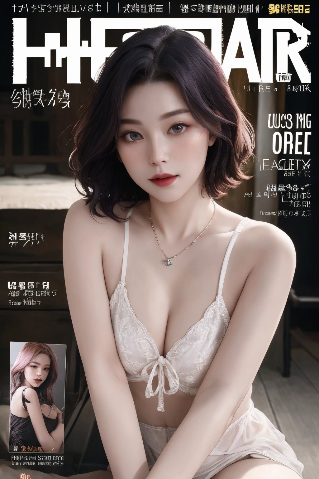 ((different color hair,)) short medium hair, bracelets, necklace, 1girl, looking at viewer, styled clothes, ultra detailed, best quality, sharp focus, natural lighting, (( magazine cover,)) haohaoulz, magazine cover, less text on cover,haohaoulz