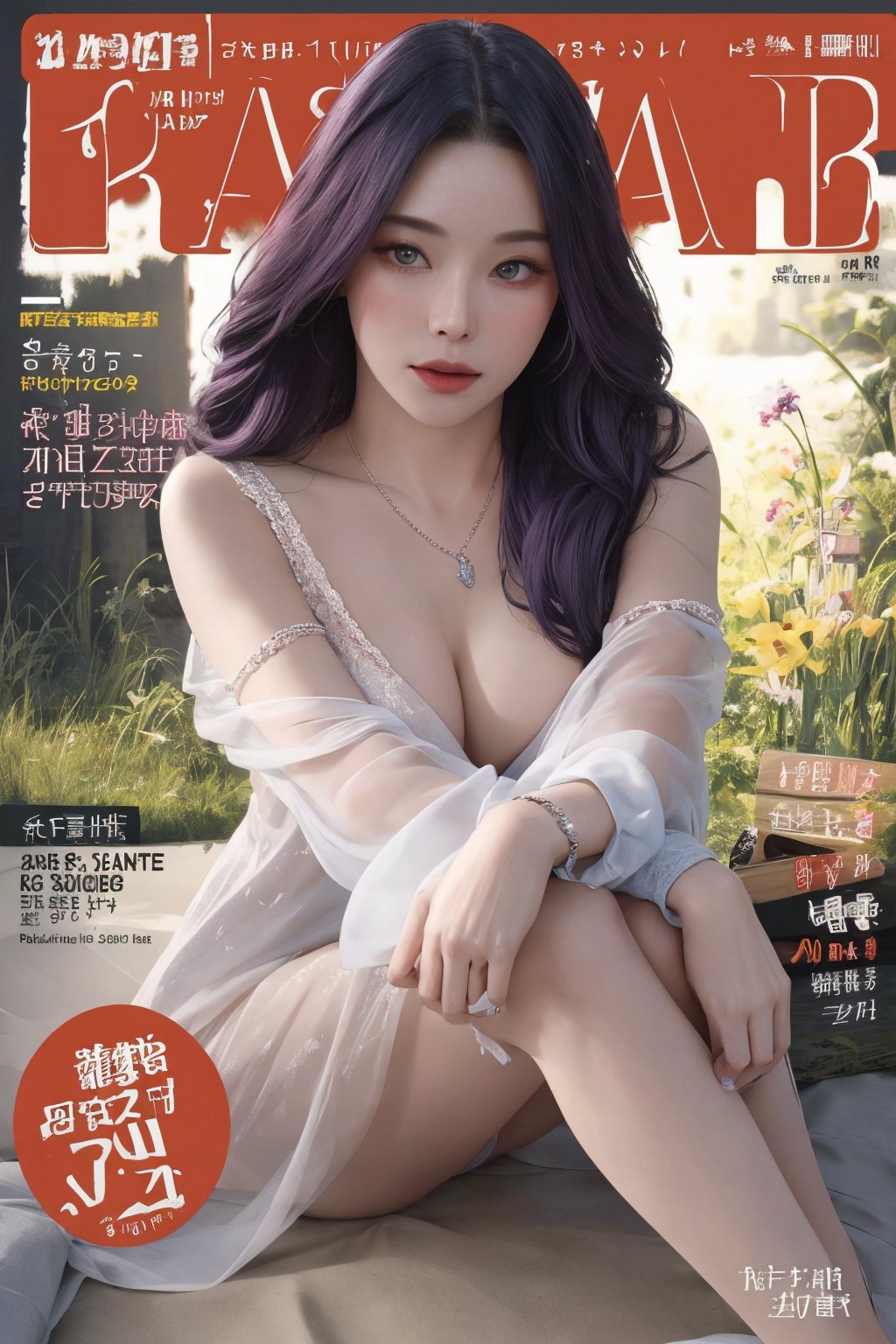 ((different color hair,)) bracelets, necklace, 1girl, looking at viewer, styled clothes, ultra detailed, best quality, sharp focus, natural lighting, (( magazine cover,)) haohaoulz, magazine cover, less text on cover,haohaoulz