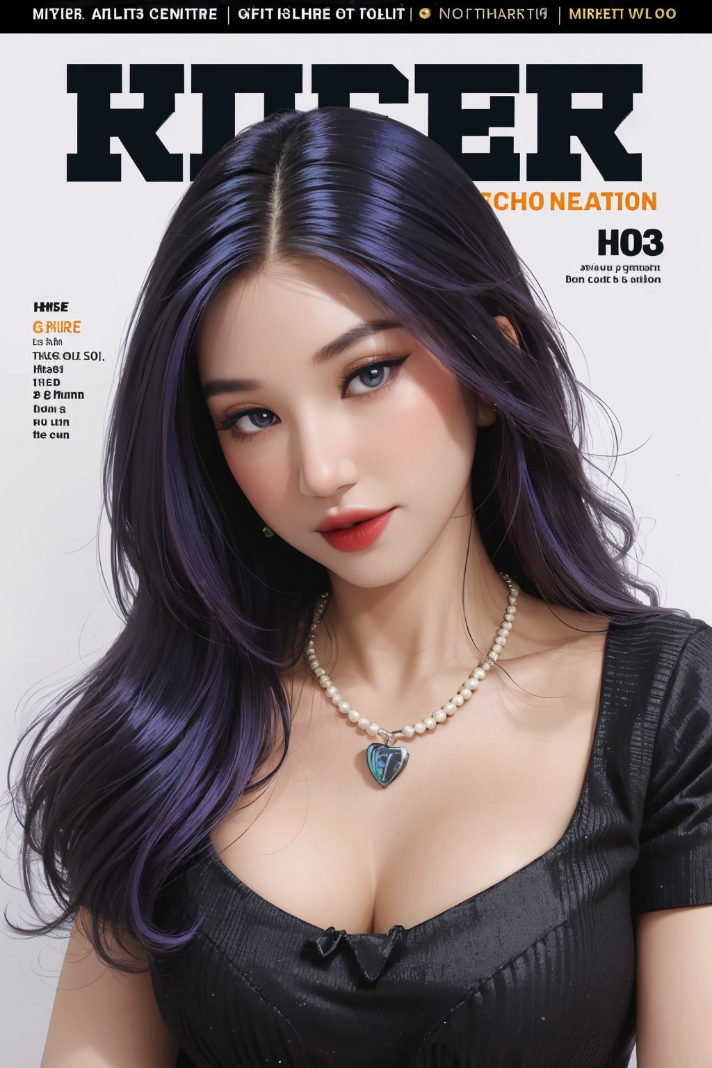 ((different color hair,)) bracelets, necklace, 1girl, looking at viewer, styled clothes, ultra detailed, best quality, sharp focus, natural lighting, (( magazine cover,)) haohaoulz, magazine cover, less text on cover,haohaoulz,chimai