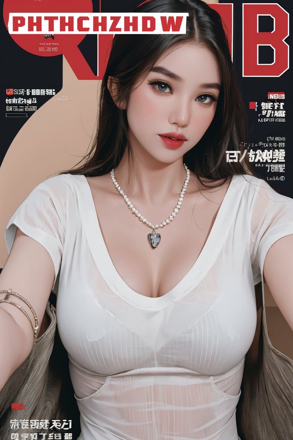 thigh up body,  bracelets, necklace, 1girl, looking at viewer, styled clothes, ultra detailed, best quality, sharp focus, natural lighting, (( magazine cover,)) haohaoulz, magazine cover, less text on cover,haohaoulz,chimai