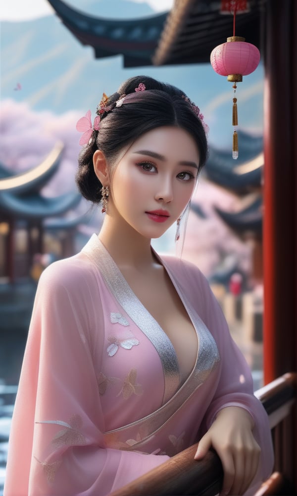 (,1girl, ,best quality, ) ultra realistic 8k cg,ultra detailed 8k cg,best quality,masterpiece,,cg,1girl, solo,, wet skin,,(cleavage,(pink butterfly Texture:1.1),crystals), ,jewelry, outdoors, earrings ,,fairy, photo background,chinese architecture, water, hair ornaments,day, quality, ,lighting,Photograph,high resolution,4k,8k,Bokeh,(()),