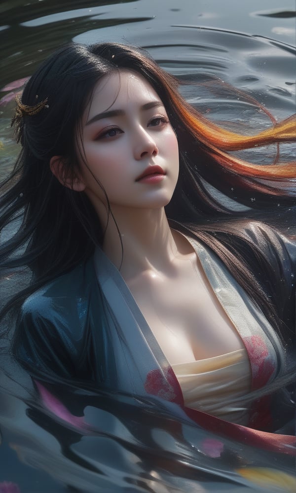 (,1girl, ,best quality, ) ,(Highest picture quality), (Master's work), full body, (ultra-detailed), the portrait is centered, 1girl, raiden shogun, nsfw, (wet clothes), blush, bare hips, (sheer shirt), (from above:1.7), (translucent dress), water drop, (rain), (outdoors), stained, wet hair, wet dress, wet, scenery, (long hair), nature background, close up, ((on back)), water, lying in water, masterpiece, best quality, ultra high res, highly detailed, (abstract expressionism art:1.4), [girl | fire ghost:10], love,, dark rainbow theme, colorful, visually stunning, beautiful, gorgeous, emotional, intricate, perferct shading, rainbow hair,upper body,(()),