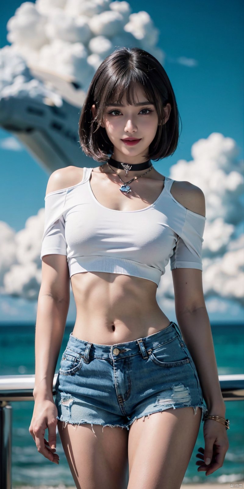  cowboy shot, Blue sky, white clouds, ocean,nai3, 1girl, shorts, solo, crop top, black shorts, choker, navel, shirt, midriff, crop top overhang, looking at viewer, white shirt, jewelry, breasts, bare shoulders, short shorts, off-shoulder shirt, off shoulder, black choker, thighs, stomach, hand on own thigh, long hair, bracelet, short sleeves, ribbon, hand up, collarbone, hair ribbon, medium breasts, standing, high-waist shorts, dolphin shorts, bra strap, , hair ornament, thigh gap, necklace, expressionless, , ,kind smile, , , jiqing,short_hair