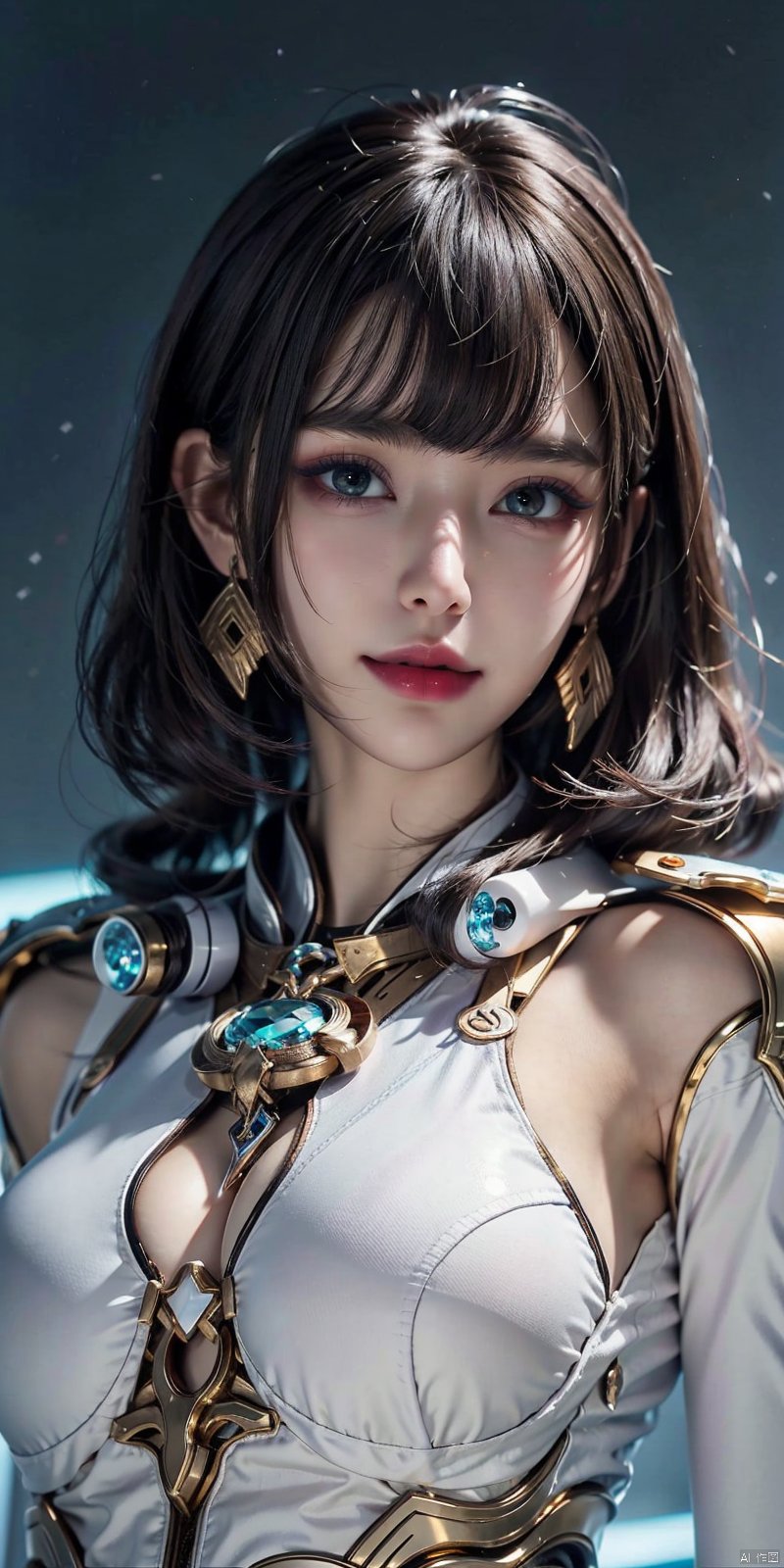 cowboy_shot ,1girl,Bangs, off shoulder, colorful_hair, ((colorful hair)), purple eyes, , necklace, earrings, floating hair, jewelry, sleeveless, very long hair,looking_at_viewer, parted lips, pierced,energy,electricity,magic,sssr,,, (gold armor), , , (\shuang hua\), ((poakl)),short hair,kind smile ,looking_at_viewer, jiqing