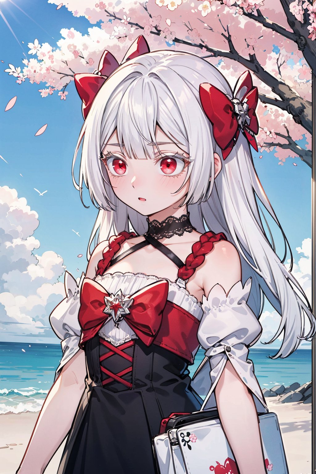 ray tracing, {best quality}, {{masterpiece}}, {highres}, original, extremely detailed 8K wallpaper, {an extremely delicate and beautiful}, extremely detailed CG unity 8k wallpaper, beachday, outdoorsdetailed background, Cherry blossoms, 1girl, 
white hair, bow, hair bow, bangs, red eyes, long hair