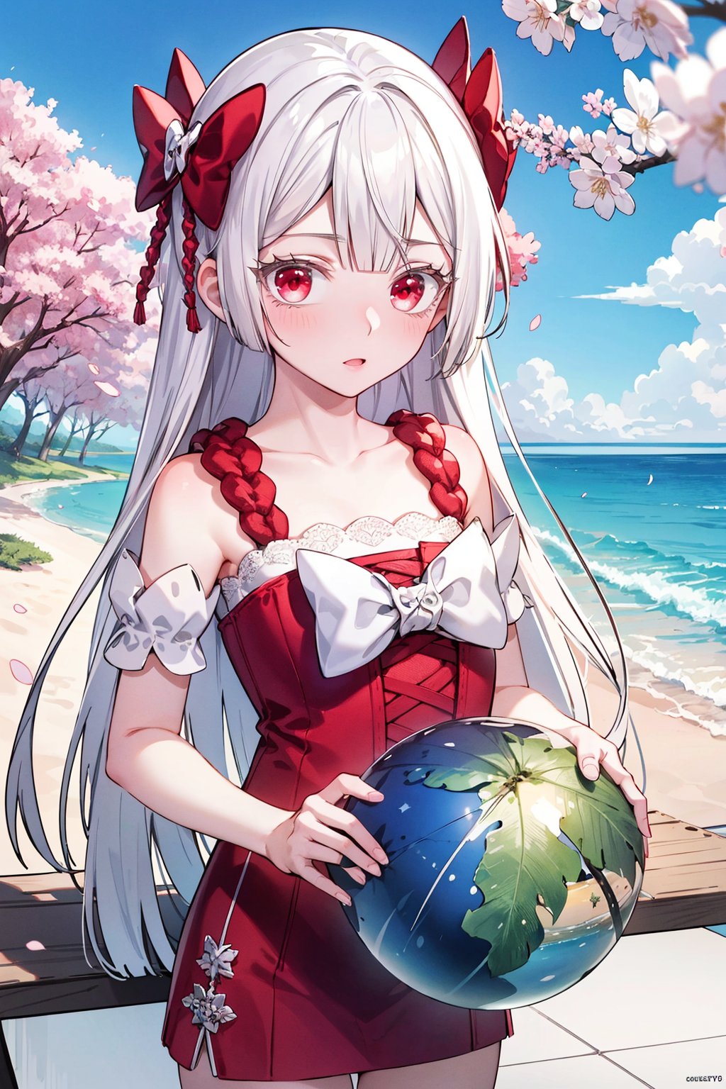 ray tracing, {best quality}, {{masterpiece}}, {highres}, original, extremely detailed 8K wallpaper, {an extremely delicate and beautiful}, extremely detailed CG unity 8k wallpaper, beachday, outdoorsdetailed background, Cherry blossoms, 1girl, 
white hair, bow, hair bow, bangs, red eyes, long hair