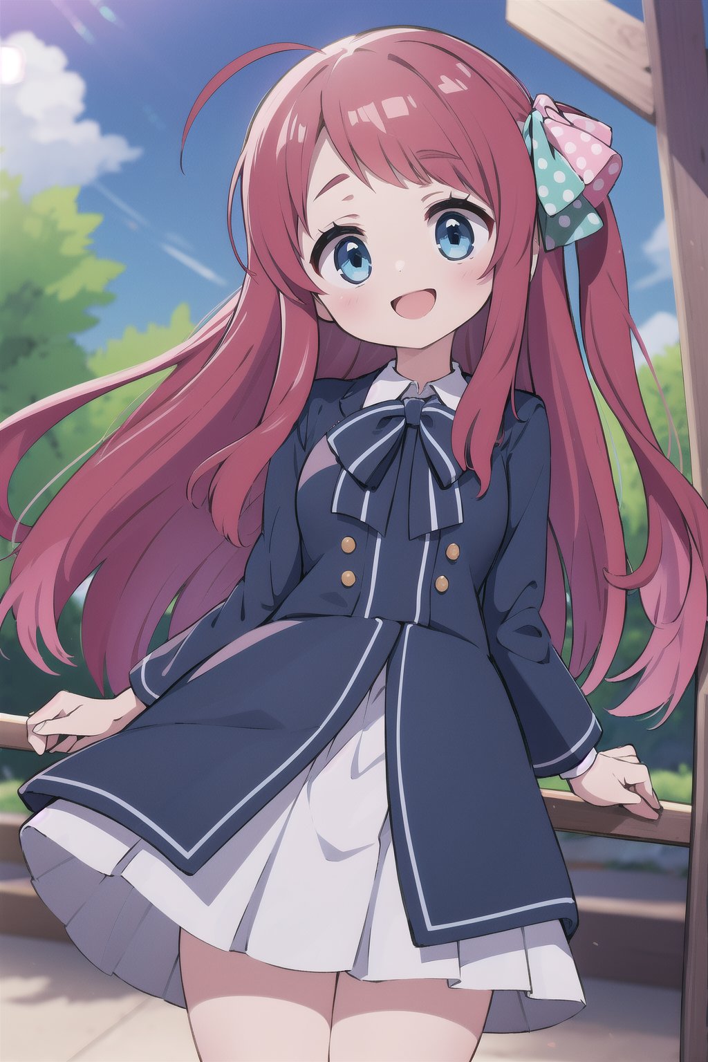 masterpiece, best quality, high resolution, 1 girl, outside, park, sakura minamoto, blue eyes, long hair, red hair, one side up, hair bow, green bow, red bow, ahoge, polka dot, polka dot bow, bowtie, long sleeves, school uniform, serafuku, skirt, white skirt), looking at viewer, very happy