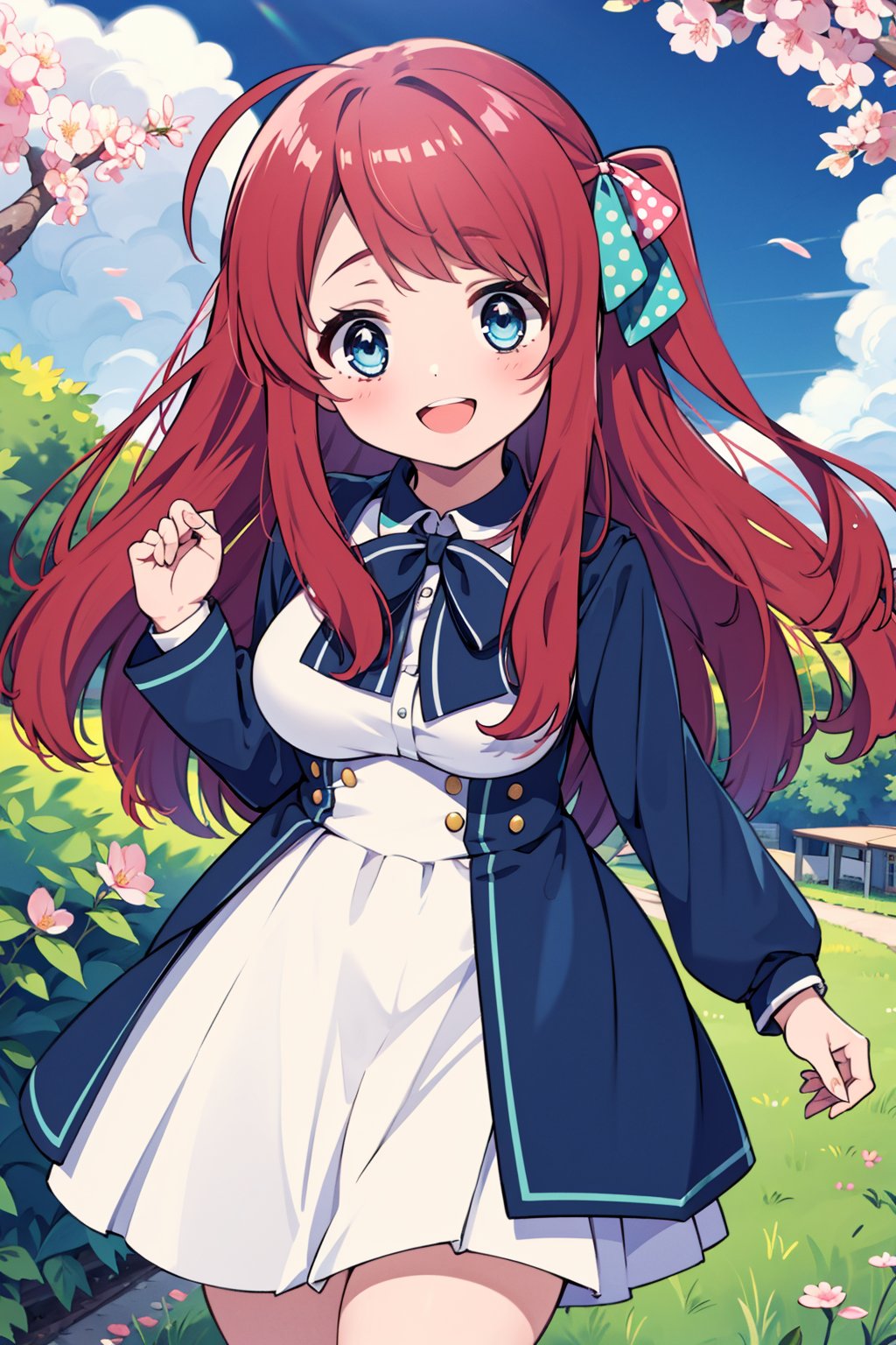 masterpiece, best quality, high resolution, 1 girl, outside, park, sakura minamoto, blue eyes, long hair, red hair, one side up, hair bow, green bow, red bow, ahoge, polka dot, polka dot bow, bowtie, long sleeves, school uniform, serafuku, skirt, white skirt), looking at viewer, very happy