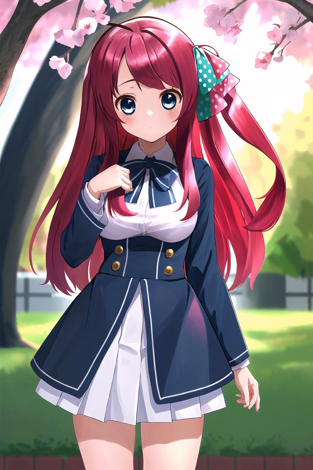 masterpiece, best quality, high resolution, 1 girl, outside, park, sakura minamoto (blue eyes, long hair, red hair, one side up, hair bow, green bow, red bow, ahoge, polka dot bow, bow tie, school uniform), looking at viewer, anime style