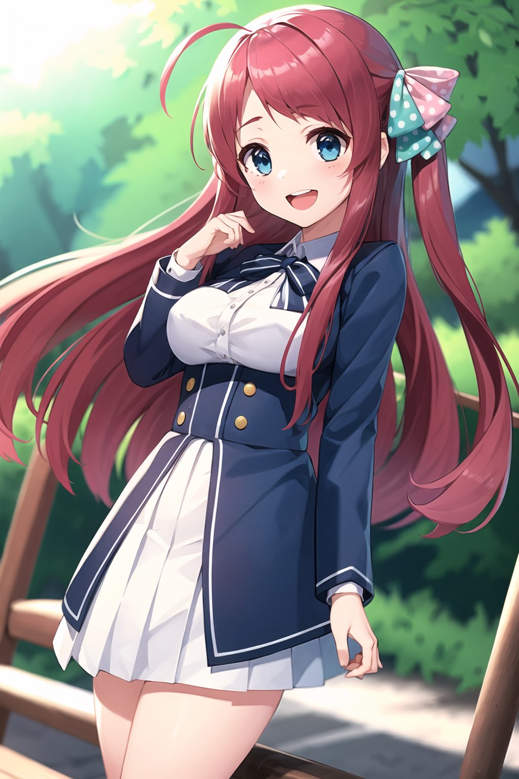 masterpiece, best quality, high resolution, 1 girl, outside, park, sakura minamoto, blue eyes, long hair, red hair, one side up, hair bow, green bow, red bow, ahoge, polka dot, polka dot bow, bowtie, long sleeves, school uniform, serafuku, skirt, white skirt), looking at viewer, very happy