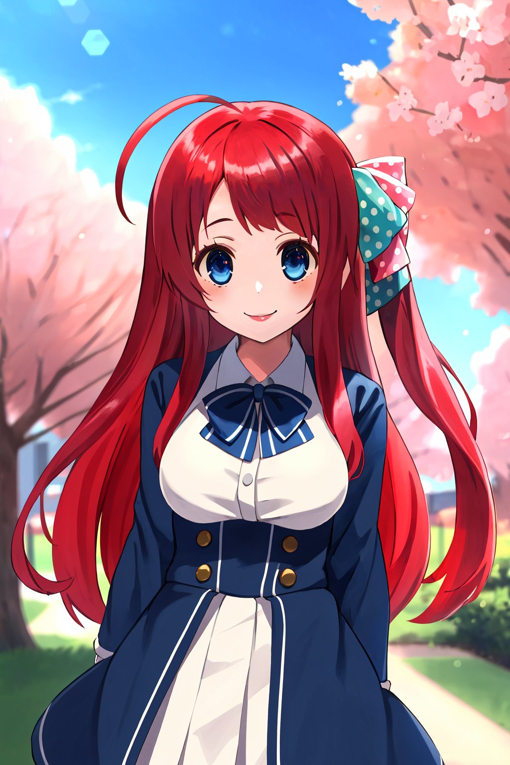 masterpiece, best quality, high resolution, 1 girl, outside, park, sakura minamoto (blue eyes, long hair, red hair, one side up, hair bow, green bow, red bow, ahoge, polka dot bow, bow tie, school uniform), looking at viewer, smiling strongly, anime style