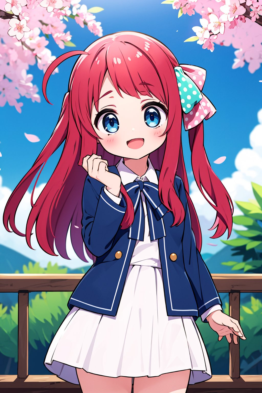 masterpiece, best quality, high resolution, 1 girl, outside, park, sakura minamoto, blue eyes, long hair, red hair, one side up, hair bow, green bow, red bow, ahoge, polka dot, polka dot bow, bowtie, long sleeves, school uniform, serafuku, skirt, white skirt), looking at viewer, very happy