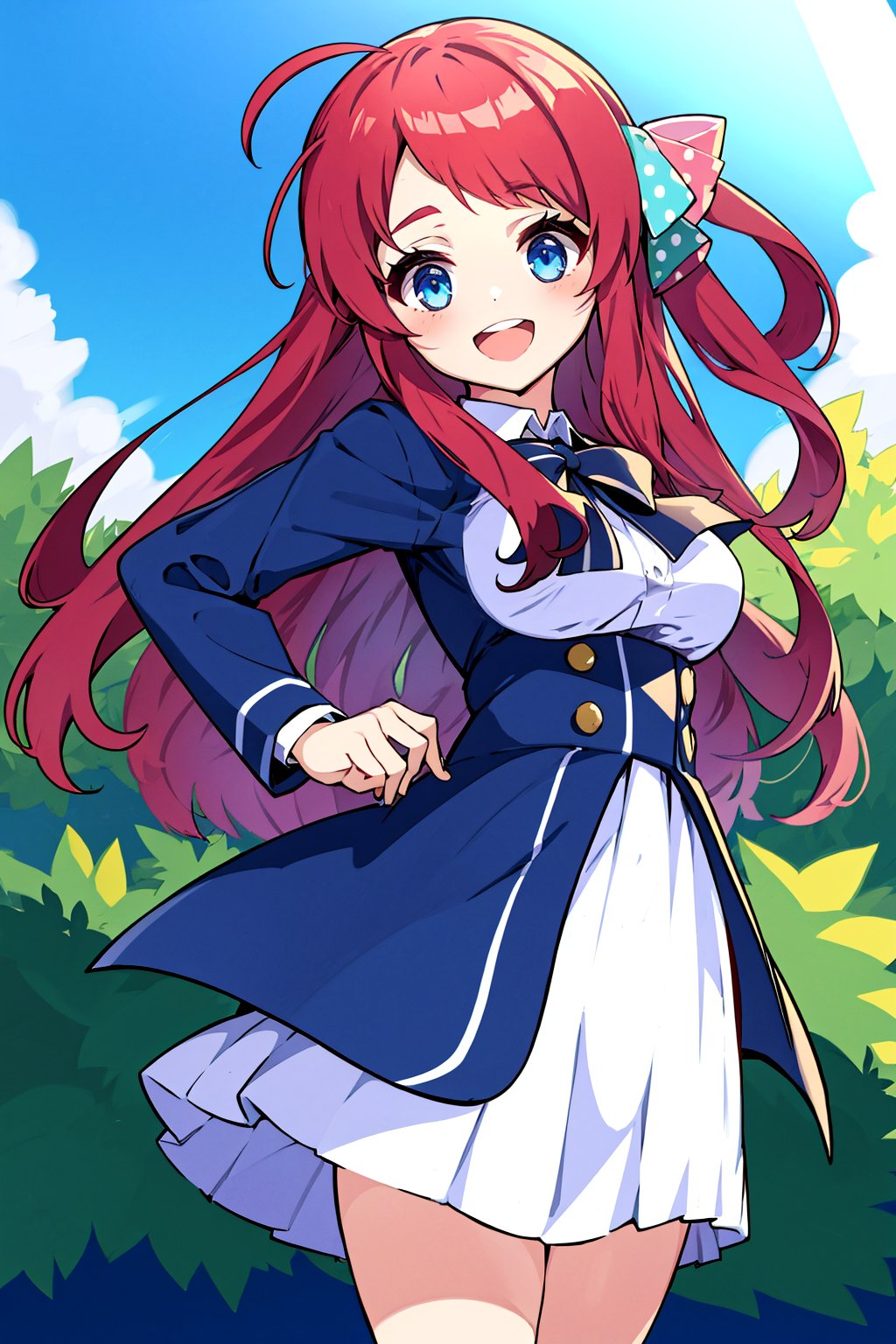 masterpiece, best quality, high resolution, 1 girl, outside, park, sakura minamoto, blue eyes, long hair, red hair, one side up, hair bow, green bow, red bow, ahoge, polka dot, polka dot bow, bowtie, long sleeves, school uniform, serafuku, skirt, white skirt), looking at viewer, very happy