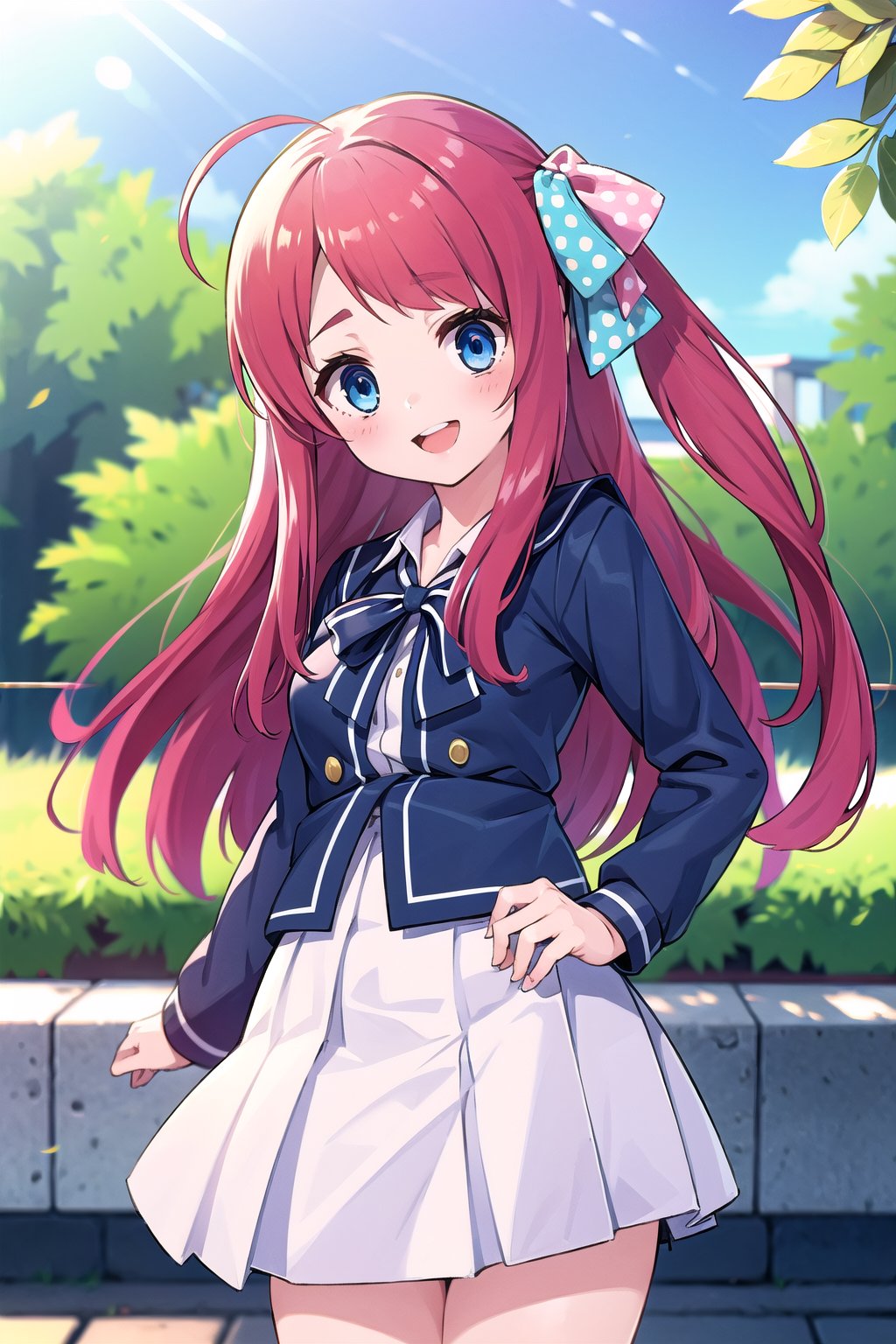 masterpiece, best quality, high resolution, 1 girl, outside, park, sakura minamoto, blue eyes, long hair, red hair, one side up, hair bow, green bow, red bow, ahoge, polka dot, polka dot bow, bowtie, long sleeves, school uniform, serafuku, skirt, white skirt), looking at viewer, very happy