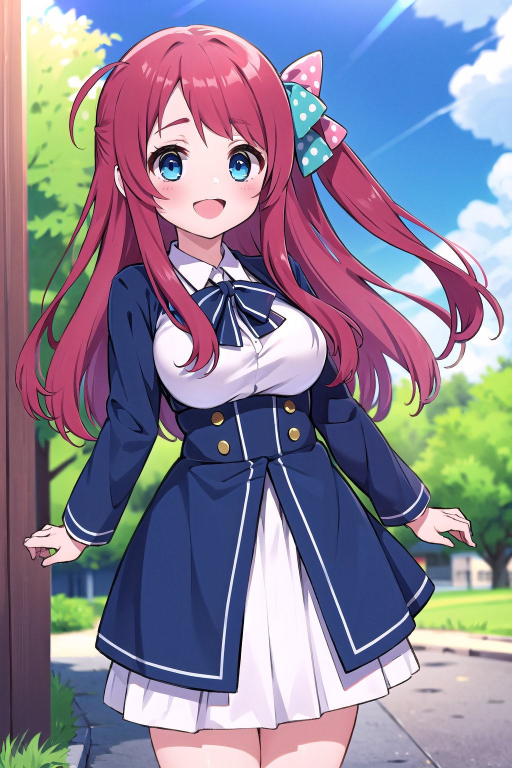 masterpiece, best quality, high resolution, 1 girl, outside, park, sakura minamoto, blue eyes, long hair, red hair, one side up, hair bow, green bow, red bow, ahoge, polka dot, polka dot bow, bowtie, long sleeves, school uniform, serafuku, skirt, white skirt), looking at viewer, very happy