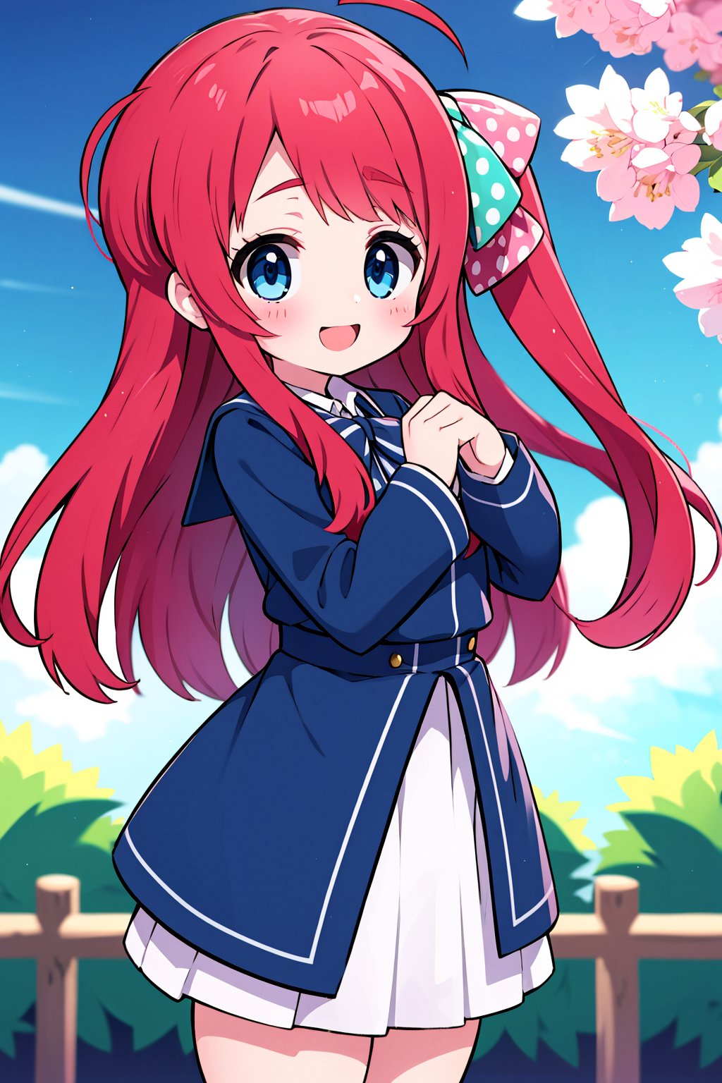 masterpiece, best quality, high resolution, 1 girl, outside, park, sakura minamoto, blue eyes, long hair, red hair, one side up, hair bow, green bow, red bow, ahoge, polka dot, polka dot bow, bowtie, long sleeves, school uniform, serafuku, skirt, white skirt), looking at viewer, very happy