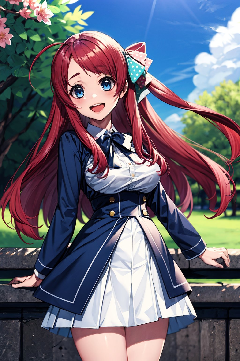 masterpiece, best quality, high resolution, 1 girl, outside, park, sakura minamoto, blue eyes, long hair, red hair, one side up, hair bow, green bow, red bow, ahoge, polka dot, polka dot bow, bowtie, long sleeves, school uniform, serafuku, skirt, white skirt), looking at viewer, very happy