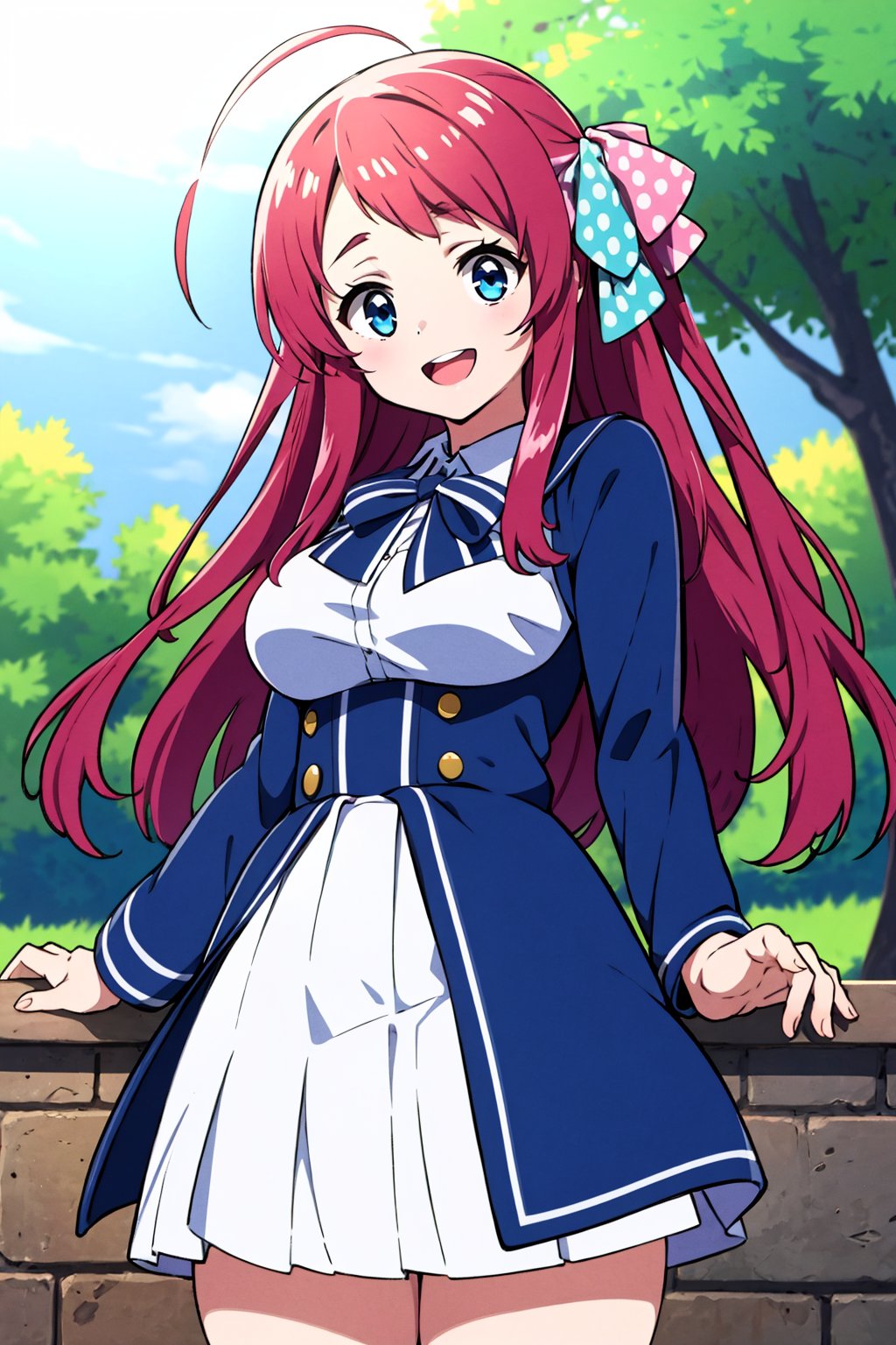 masterpiece, best quality, high resolution, 1 girl, outside, park, sakura minamoto, blue eyes, long hair, red hair, one side up, hair bow, green bow, red bow, ahoge, polka dot, polka dot bow, bowtie, long sleeves, school uniform, serafuku, skirt, white skirt), looking at viewer, very happy