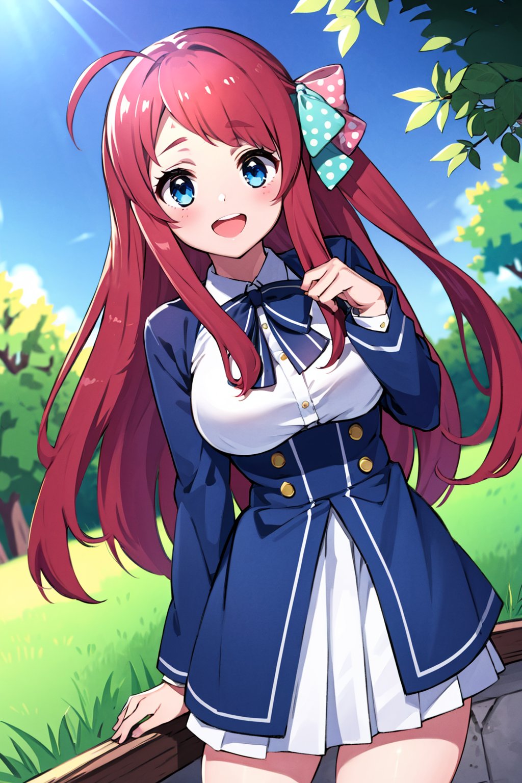 masterpiece, best quality, high resolution, 1 girl, outside, park, sakura minamoto, blue eyes, long hair, red hair, one side up, hair bow, green bow, red bow, ahoge, polka dot, polka dot bow, bowtie, long sleeves, school uniform, serafuku, skirt, white skirt), looking at viewer, very happy