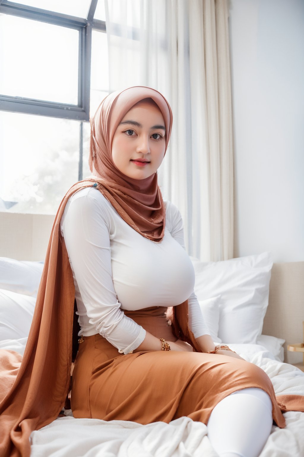 1 girl, solo, forehead, hijab, bun hair, huge_breasts, innocent looks, enjoying 

Jewelry, necklace, earings, 
Sitting

Bedroom, coach, flat platform, 

Static background, solid background color 
,N4tnat,C1SYU,photorealistic,Masterpiece,R3n1 ,EVH4 