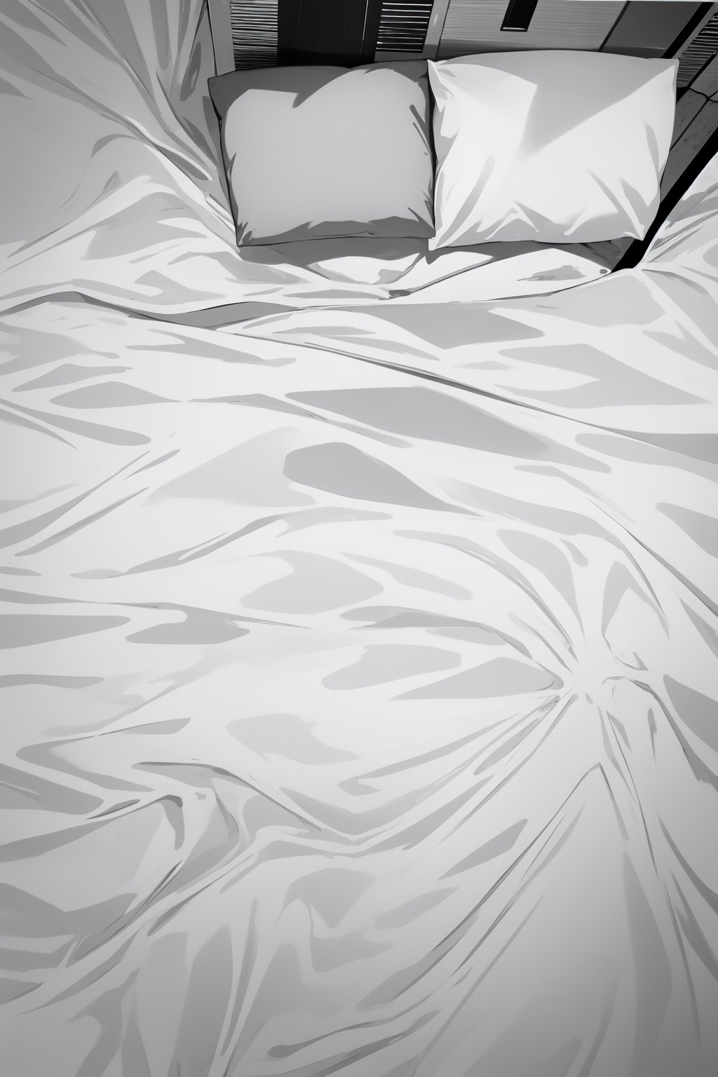 (From Above:2.0), no humans, Crumpled bed, monochrome, pillow, Pillows, bed, bed sheet, Anime style, Wrinkled, white sheets, bed background, 
