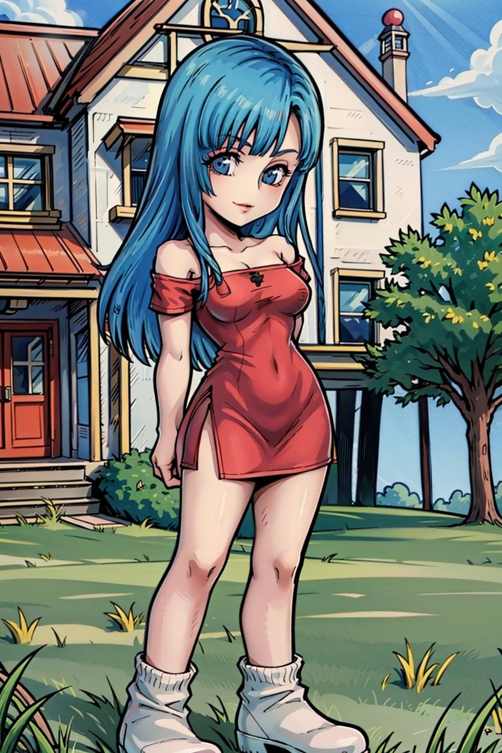 (8k, best quality, masterpiece:1.2),dissidia,grass, tree,cloud,solo,1girl,maron,(red short dress), bare shoulder,(blue eyes,aqua hair,blunt bangs),off shoulder,standing, light smile,looking at viewer,arms behind back, medium breasts,(pink house), short sleeves,long hair <lora:maron_v0_5_dadap:1> <lora:dissidia_v1:1>