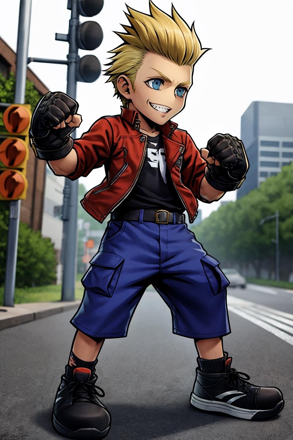 dissidia, 1boy, solo, blonde hair, male focus, blue eyes, gloves, fingerless gloves, smile, full body, red jacket, (black sleeves), (blue cargo shorts),blue shorts, grin, shoes, spiked hair, belt, clenched hands, sneakers, vest, pants, black gloves, looking ahead,street, round building, traffic light,facial tattoo,fighting stance,(best quality, masterpiece) <lora:dissidia_v1:1> 