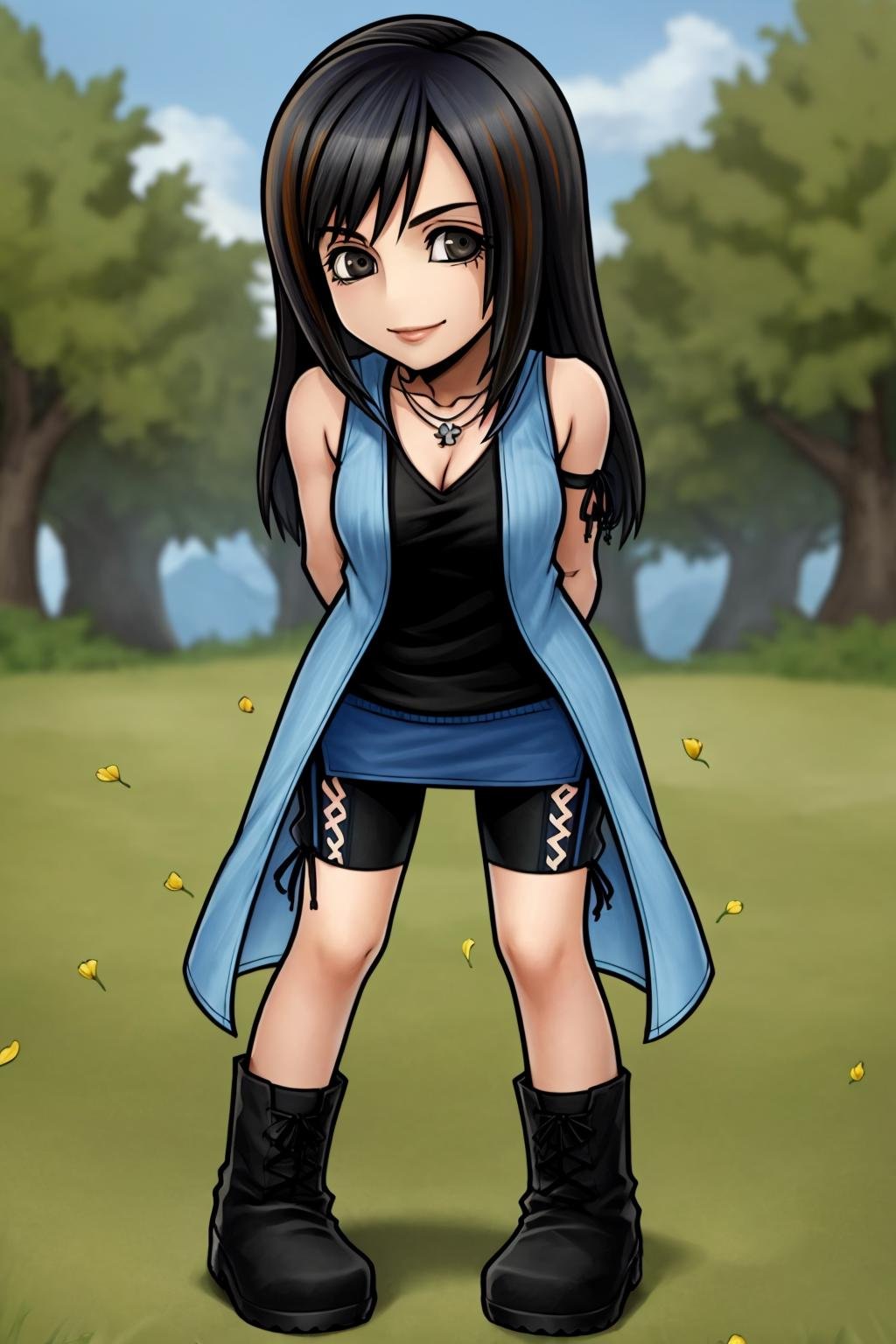 dissidia, 1girl,solo, arm warmers, long hair, black hair, boots, full body, necklace, smile, (blue miniskirt:1.4,blue skirt:1.25), (bike shorts), looking at viewer, black arm ribbon,arm ribbon, (light blue cardigan), (long cardigan), black footwear,small breasts, cleavage,shorts zipper, black tank top, medium breasts, (streaked hair:0.8), black eyes, blue sky, (white flower), grassfield, (white petals), standing, shorts, arms behind back,leaning forward,(black shirt), sleeveless, brown eyes, bare shoulders, (shorts under skirt),smile,nature,  outdoors,(black tank top:1.07), (best quality, masterpiece) <lora:dissidia_v0_2_prod-000055:1> 