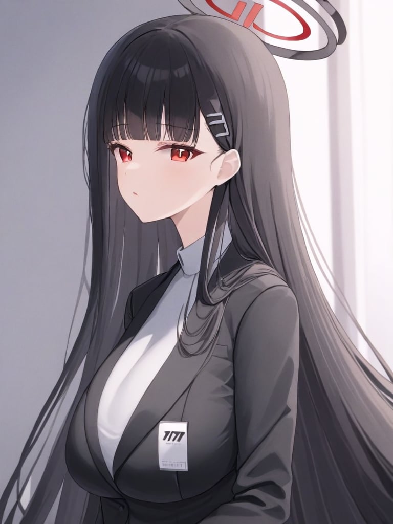 1girl,halo,black_hair,solo,red_eyes,long_hair,breasts,hair_ornament,bangs,very_long_hair,hairclip,blunt_bangs,black_suit,