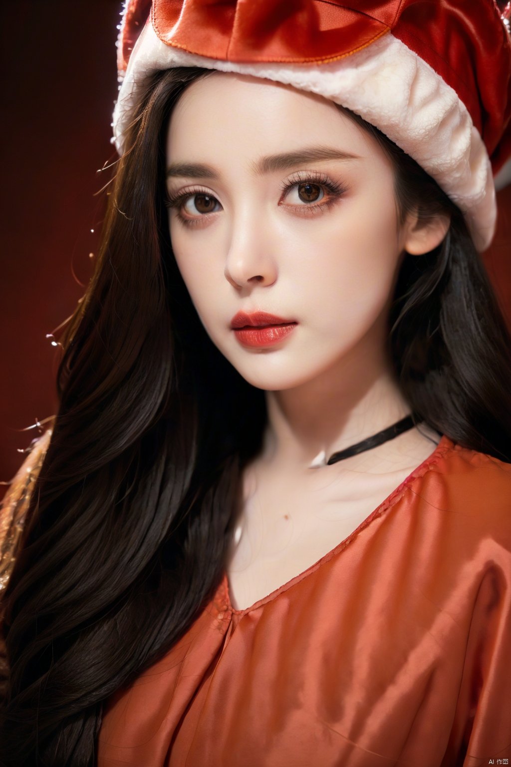  masterpiece, best quality, 1girl, red background, black hair, Long curly hair, face front, ((red fashion silk lone costume with red swirling vortexes pattern)), ((Red Plush Fur Hat)), emotional face, (close up portrait), make up, studio light, studio, ((poakl)), poakl ggll girl