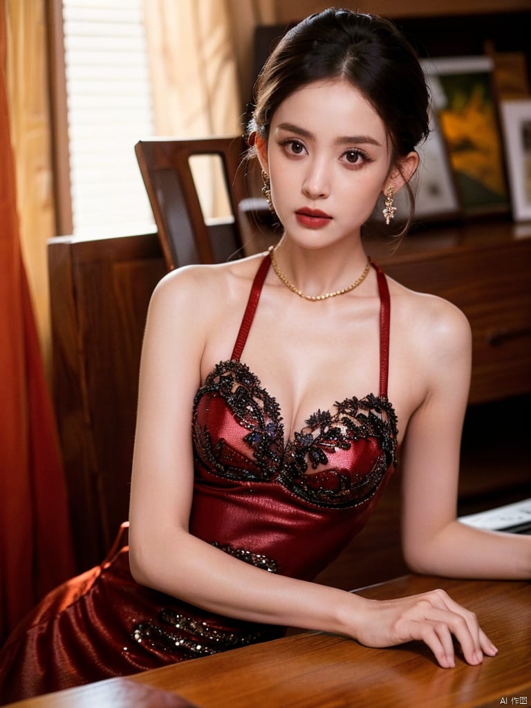  1, 1girl, short hair, brown hair, solo, dress, brown eyes, looking at viewer, holding, red dress, parted lips, bare shoulders, indoors, lips, upper body, sleeveless