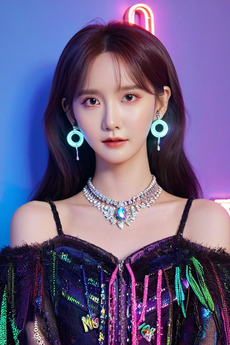 Yoona, woman with a necklace and a necklace with a neon sign in the background, popular korean makeup, character album cover, dark psychedelia style, joy, promotional photoshoot, with a dark fringe, vogue cover style, promotional render, center parted curtain bangs