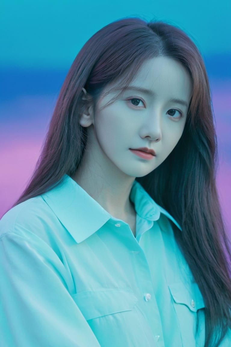 yoona, (masterpiece:1.0), (highest quality:1.12), (HDR:1.0), a girl with long hair looking at viewer, with a teal background and a indigo sky, constant, vaporwave colors, a character portrait, synchronization, detailed, realistic, 8k uhd, high quality