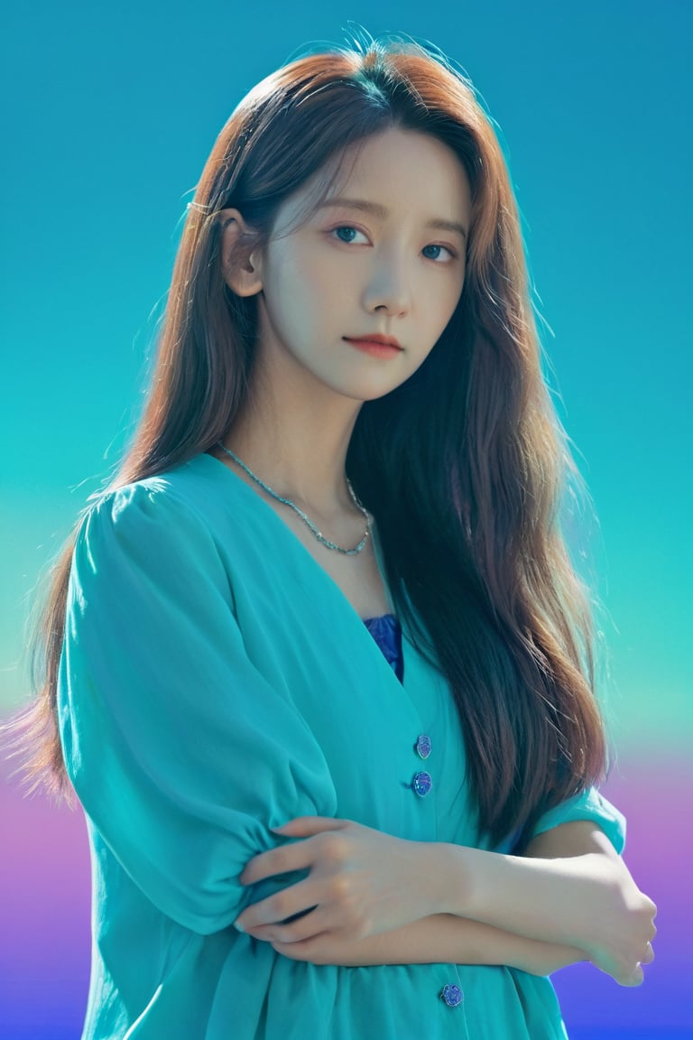 yoona, (masterpiece:1.0), (highest quality:1.12), (HDR:1.0), a girl with long hair looking at viewer, with a teal background and a indigo sky, constant, vaporwave colors, a character portrait, synchronization, detailed, realistic, 8k uhd, high quality