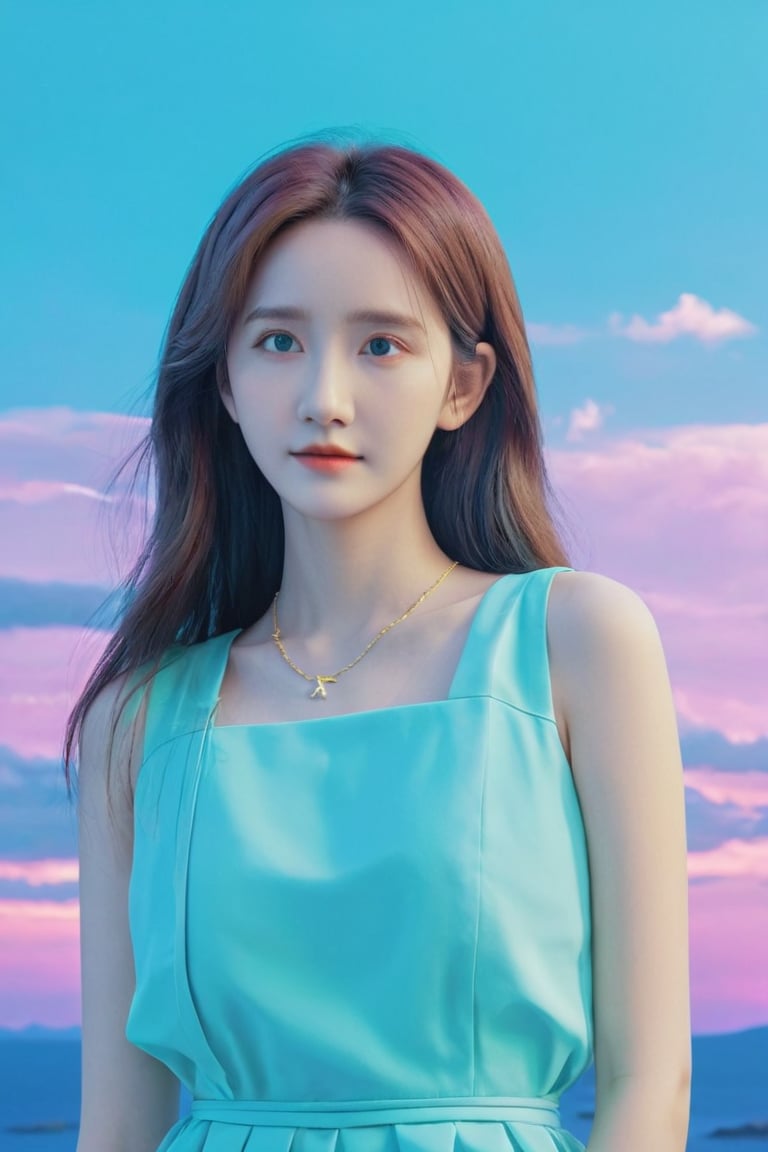 yoona, (masterpiece:1.0), (highest quality:1.12), (HDR:1.0), a girl with long hair looking at viewer, with a teal background and a indigo sky, constant, vaporwave colors, a character portrait, synchronization, detailed, realistic, 8k uhd, high quality