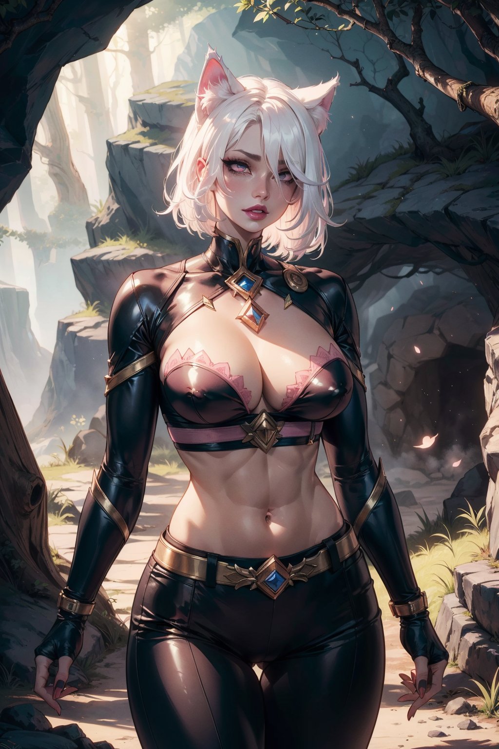 (masterpiece, best quality, volumetric lighting, detailed eyes), cat woman, cat ears, warrior, (forest cave) cave background, Lord of the Rings aesthetic, white hair, (pink lips), cleavage, hourglass waist, round breasts, cowboy shot, fit torso, skinny torso