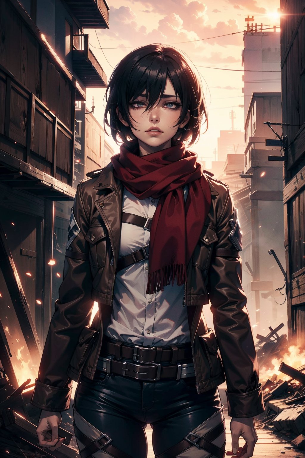 (masterpiece, best quality, volumetric lighting), Cowboy shot of mikasa ackerman, mature woman, medium hair, red scarf, adjusting scarf, shingeki no kyojin, detailed eyes, apocalyptic background