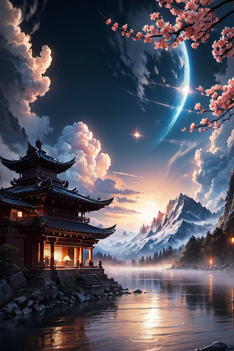 High altitude mountain river and cloud landscape backgroud, temple ,windy, night lights, fog,mortals cultivate immortals, masterpiece, best quality, beautiful and perfect face, random color dress, action move, torn clothes ,super detailed, super realistic,super fine detail depiction, high resolution, abstract beauty, stand, approaching perfection, pure form, unfinished, intricate details, 8k post production, high resolution, hyperdetailed, trending on artstation, sharp focus, intricate details, highly detailed, cinematic, cinematic lightings, cinematic film color, perfect hand, high detail, high detail skin, real skin, 8k, high_resolution, high quality