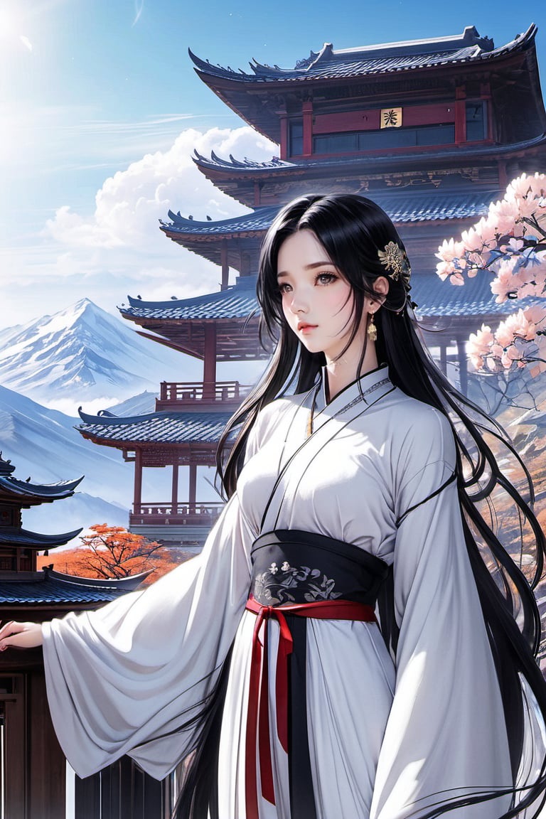 1girl, solo, long hair, black hair, long sleeves, dress, jewelry,  outdoors, sky, pants, cloud, wide sleeves,  sash,  building, mountain, forehead mark, architecture, east asian architecture