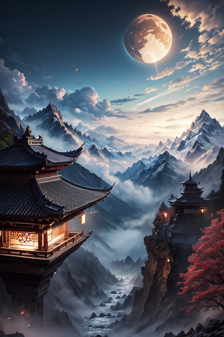 High altitude mountain river and cloud landscape backgroud, temple ,windy, night lights, fog,mortals cultivate immortals, masterpiece, best quality, beautiful and perfect face, random color dress, action move, torn clothes ,super detailed, super realistic,super fine detail depiction, high resolution, abstract beauty, stand, approaching perfection, pure form, unfinished, intricate details, 8k post production, high resolution, hyperdetailed, trending on artstation, sharp focus, intricate details, highly detailed, cinematic, cinematic lightings, cinematic film color, perfect hand, high detail, high detail skin, real skin, 8k, high_resolution, high quality