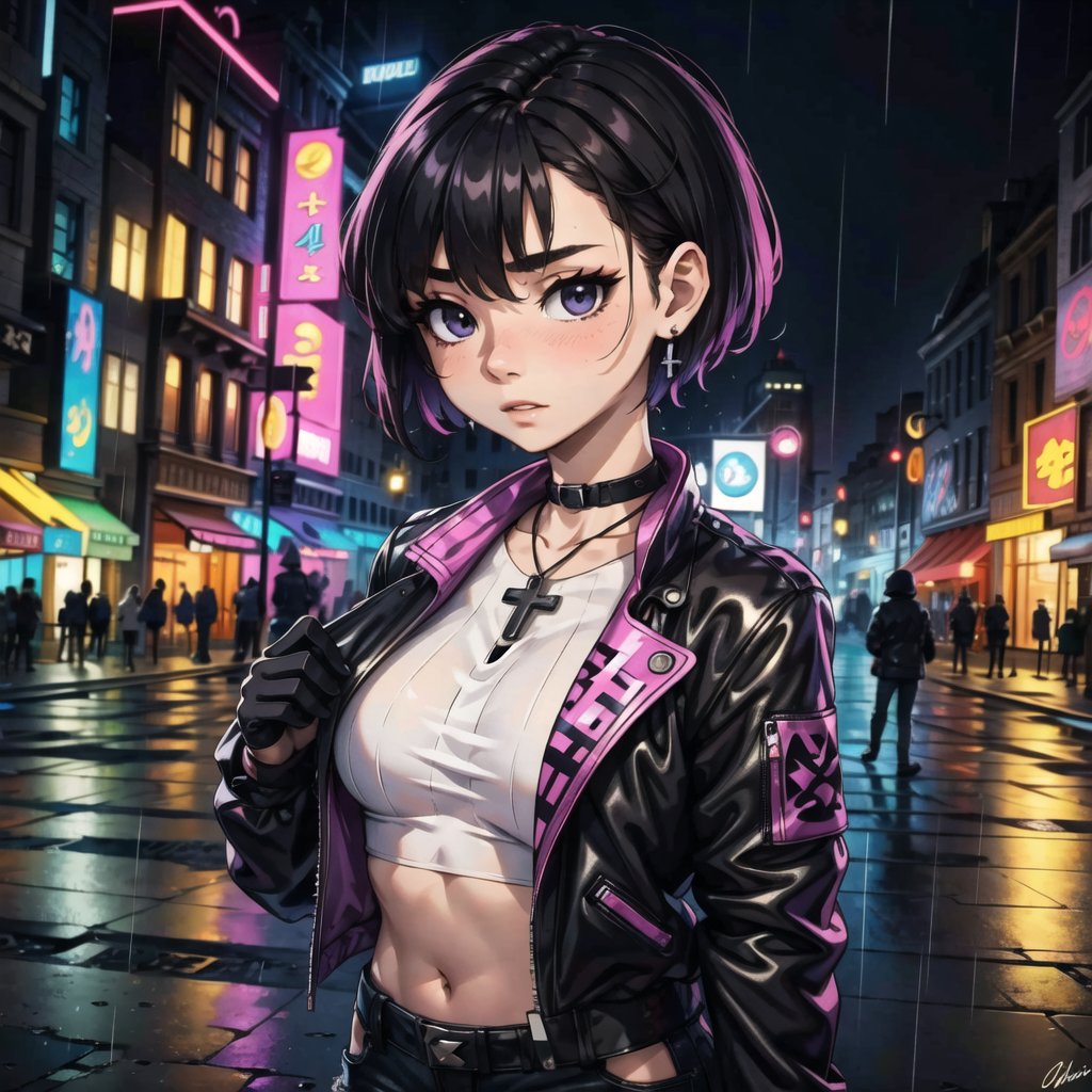 ((masterpiece, best quality, extremely detailed), volumetric lighting, ambient occlusion, colorful, glowing),

1girl, (asian girl), short hair, black hair, cross earrings, purple pop jacket, pink top, exposed waist, black jeans, black boots, gloves without fingers, outdoors, night, rain, city, (antique buildings), (punk), (dystopian city),
 
close up, upper body,Anime