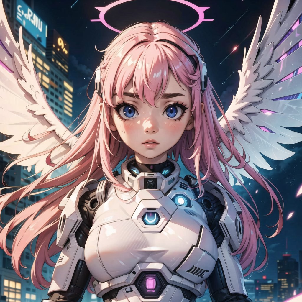 ((masterpiece, best quality, extremely detailed), volumetric lighting, ambient occlusion, colorful, glowing),

1girl, pink hair, long hair, halo, aura, sacred, godness, cyber suit, (white outfit:1.3), android, bot, angel wings, outdoors, night, sky, clouds, moon, stars, (cyberpunk theme), (Cyborg theme),
 
close up, upper body,Anime