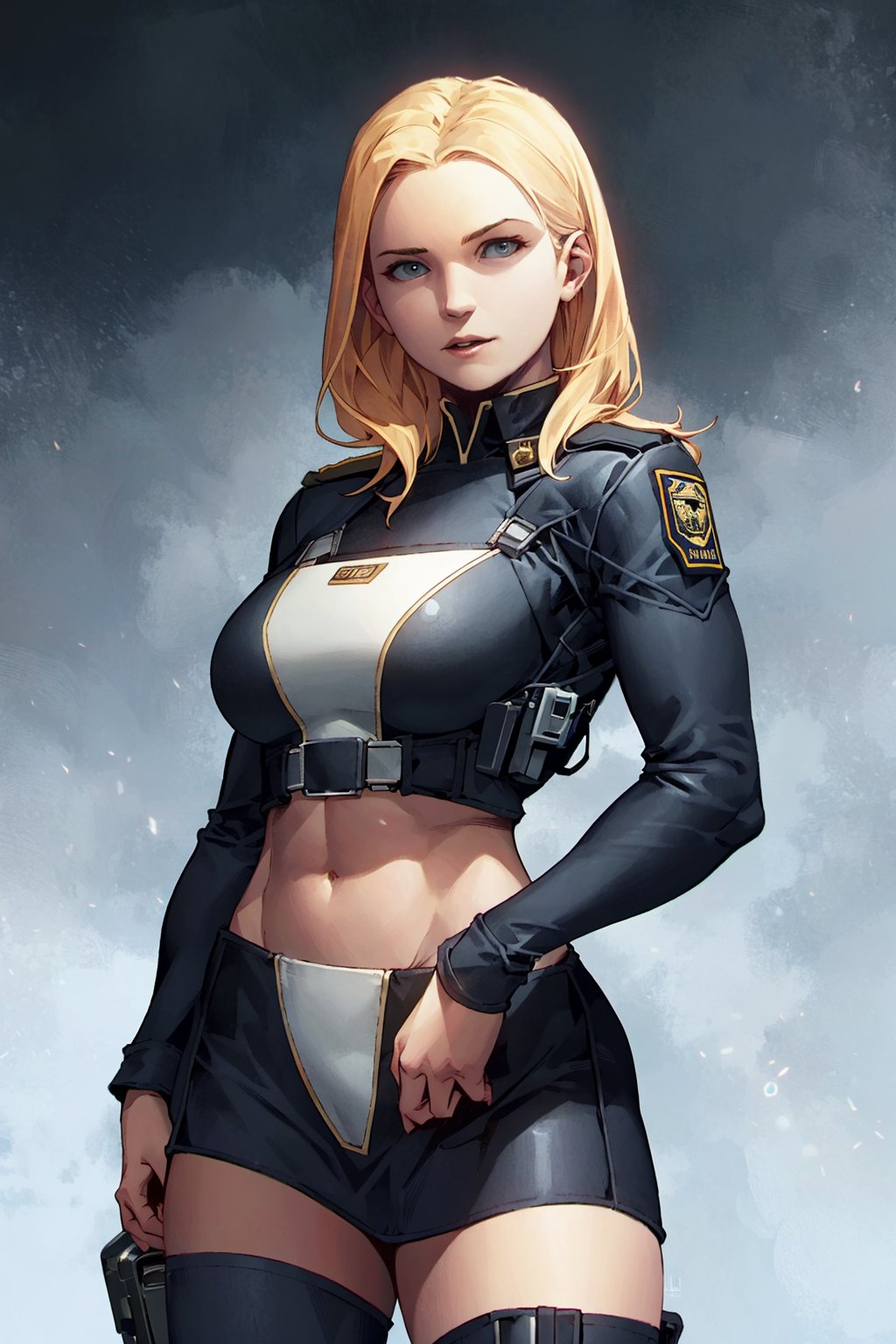 1girl, solo female, Blond policwoman, Kael_Ngu_style_lora_by_niolas<lora:EMS-309781-EMS:0.650000>