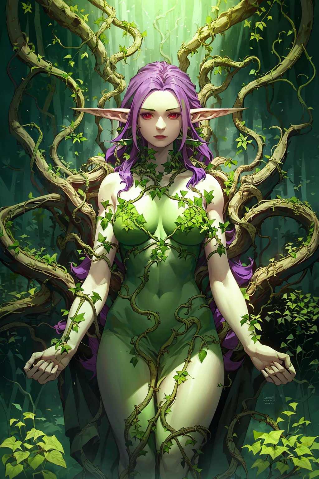 1girl, solo female, mature, adult, plant woman, purple hair, green skin, colored skin, red eyes, pointy ears, ((plants enclose the body)), white roses in the hair, forest, magical, glitter, ((vines draped over their body)), Kael_Ngu_style_lora_by_niolas<lora:EMS-309781-EMS:0.650000>