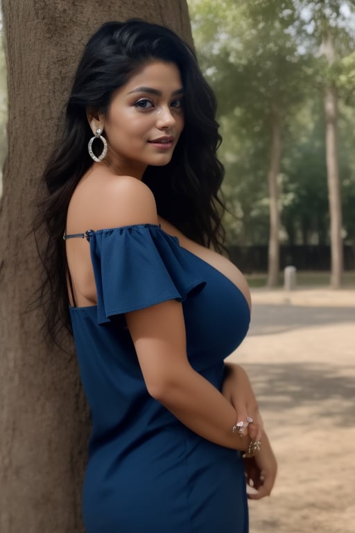 1girl, solo, long hair, breasts, looking at viewer, large breasts, black hair, dress, brown eyes, jewelry, earrings, outdoors, necklace, off shoulder, tree, lips, blue dress, mature female, realistic, photo backgroundat sides, taut clothes, taut shirt,Indian,photorealistic