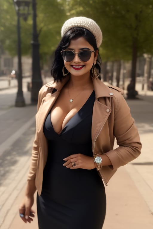 1girl, solo, smile, brown hair, black hair, dress, jewelry, jacket, earrings, grin, sunglasses, eyewear on head, watch, realistic, wristwatch, fashion, Indian,Big Boobs