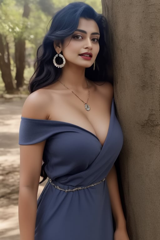 1girl, solo, long hair, breasts, looking at viewer, large breasts, black hair, dress, brown eyes, jewelry, earrings, outdoors, necklace, off shoulder, tree, lips, blue dress, mature female, realistic, photo backgroundat sides, taut clothes, taut shirt,Indian,photorealistic